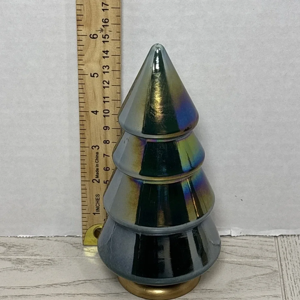 Set of 2 Iridescent Ceramic Christmas Trees Hunter Green Oil Slick Holiday Decor